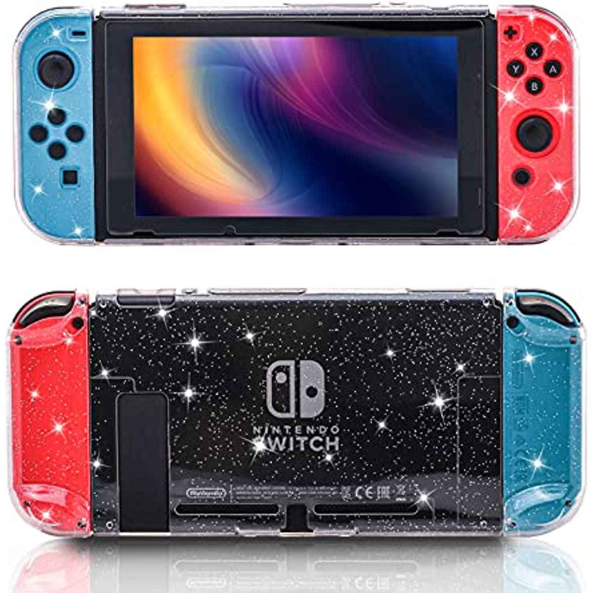 Dockable Case for Nintendo Switch, Protective Case for Nintendo Switch with a Tempered Glass Screen Protector and 6 Joy Stick Covers, Fit into The Dock Station - Clear Glitter