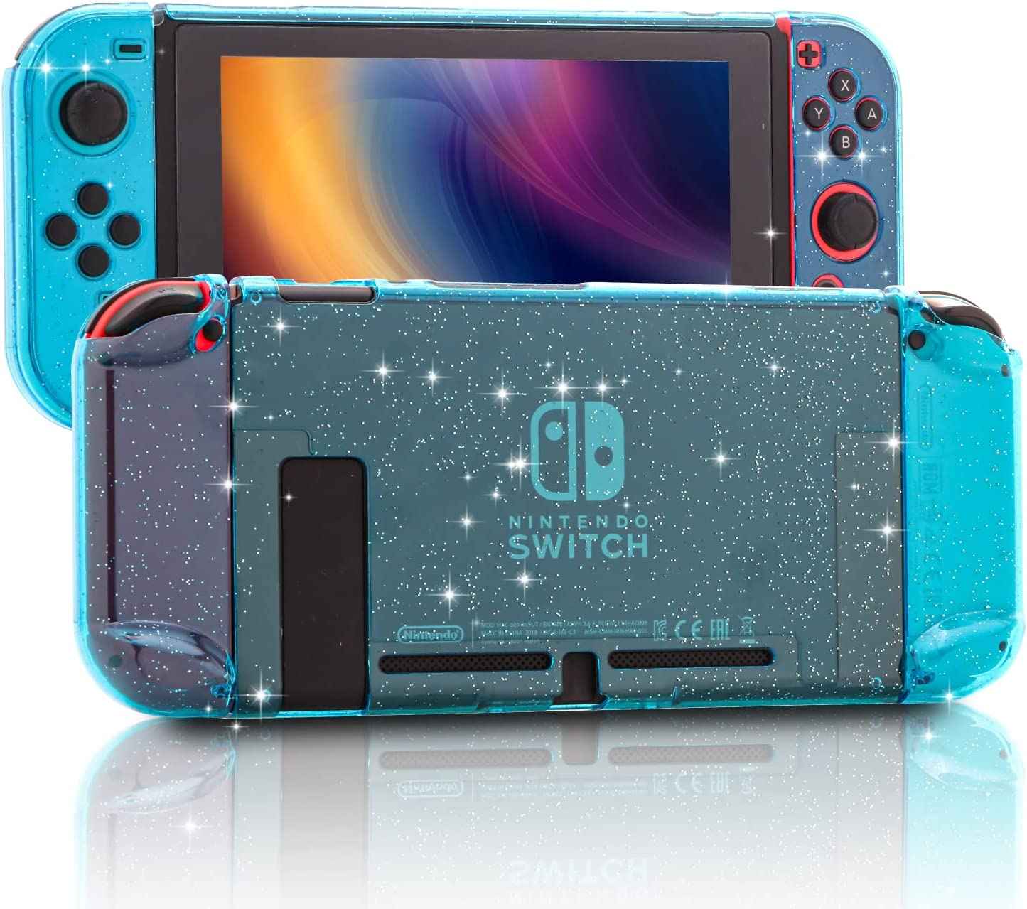 Dockable Case for Nintendo Switch, Protective Case for Nintendo Switch with a Tempered Glass Screen Protector and 6 Joy Stick Covers, Fit into The Dock Station - Clear Glitter