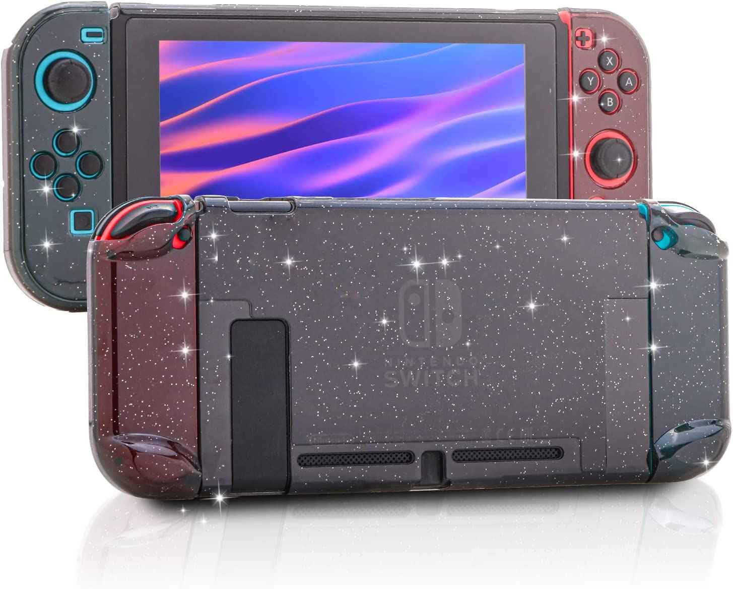 Dockable Case for Nintendo Switch, Protective Case for Nintendo Switch with a Tempered Glass Screen Protector and 6 Joy Stick Covers, Fit into The Dock Station - Clear Glitter