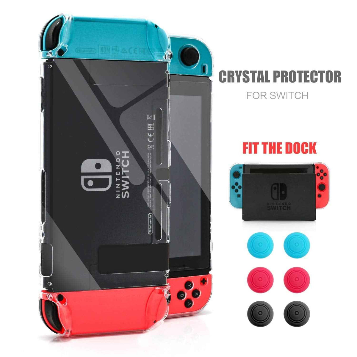 Dockable Case for Nintendo Switch, Protective Case for Nintendo Switch with a Tempered Glass Screen Protector and 6 Joy Stick Covers, Fit into The Dock Station - Red